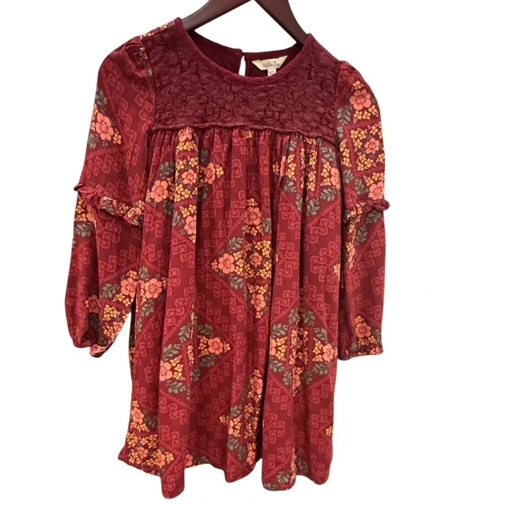 Matilda Jane Girls Burgundy Floral Lace Yoke Long Sleeve‎ Dress Size 14